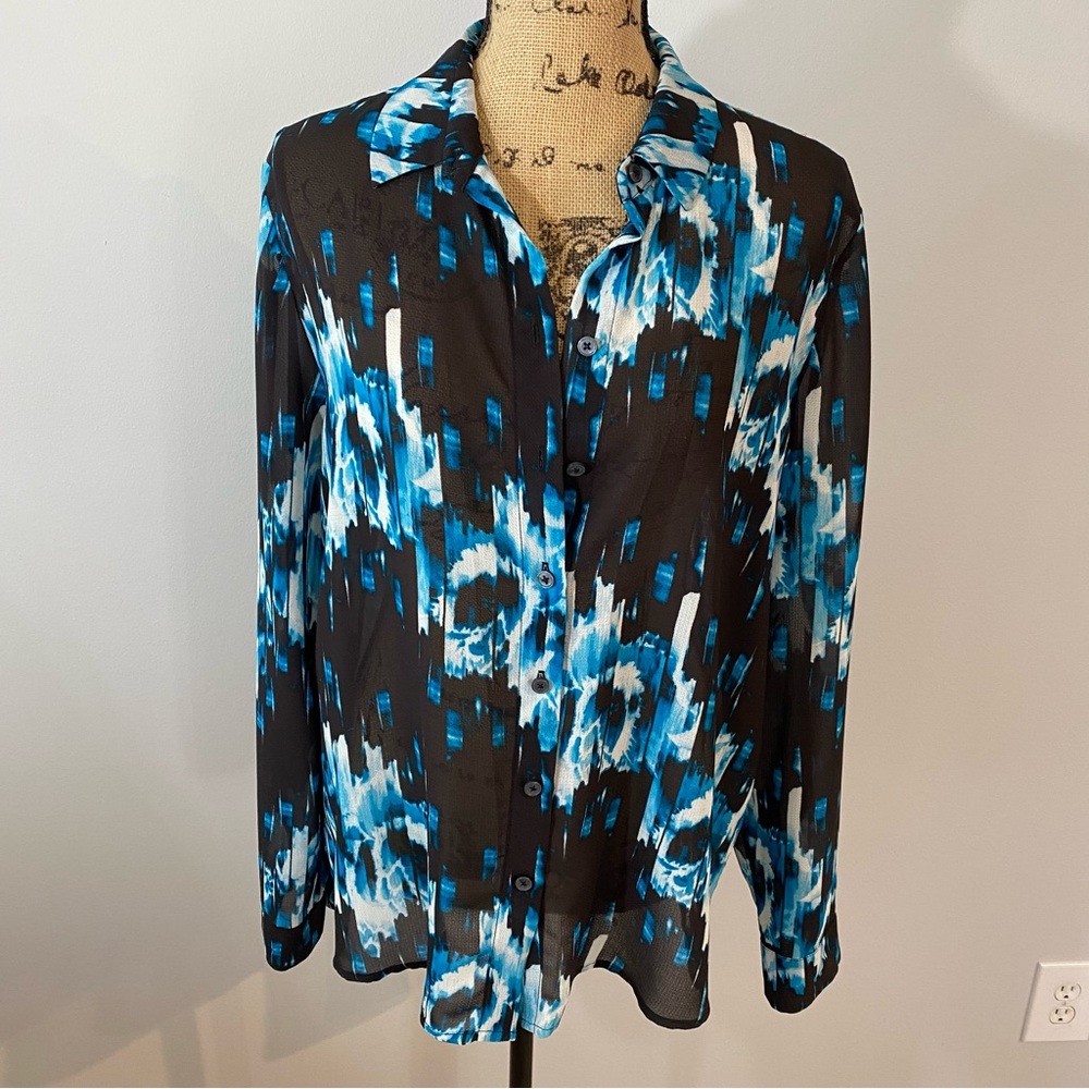 Derek Lam Black Blue Abstract Long Sleeve Button Down Chiffon Sheer Blouse Sz L